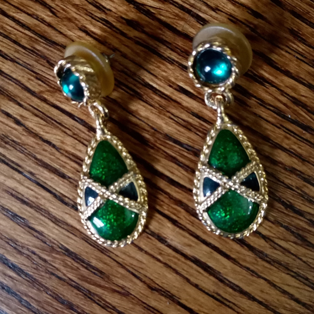 Gold Metal Faux Emerald Drop Earrings